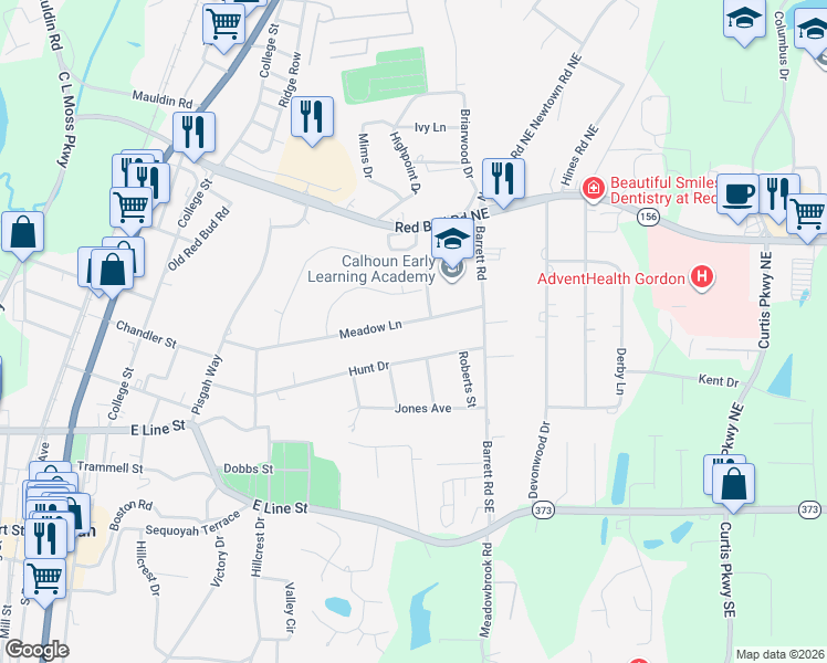 map of restaurants, bars, coffee shops, grocery stores, and more near 129 Meadow Lane in Calhoun