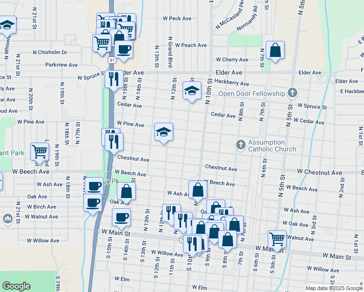 map of restaurants, bars, coffee shops, grocery stores, and more near 601 North 11th Street in Duncan