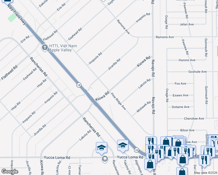 map of restaurants, bars, coffee shops, grocery stores, and more near 21398 Pine Ridge Avenue in Apple Valley