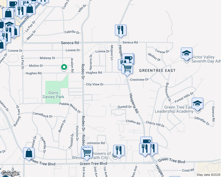 map of restaurants, bars, coffee shops, grocery stores, and more near 16691 City View Drive in Victorville