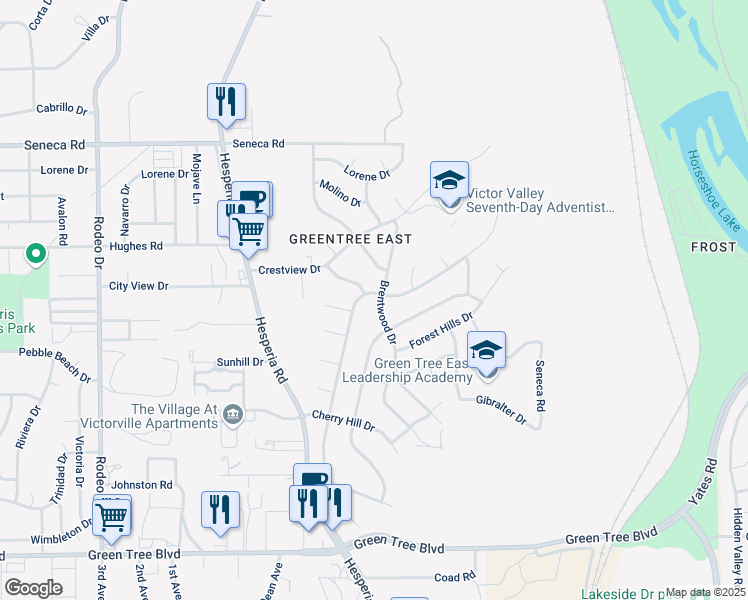 map of restaurants, bars, coffee shops, grocery stores, and more near 14208 Brentwood Drive in Victorville