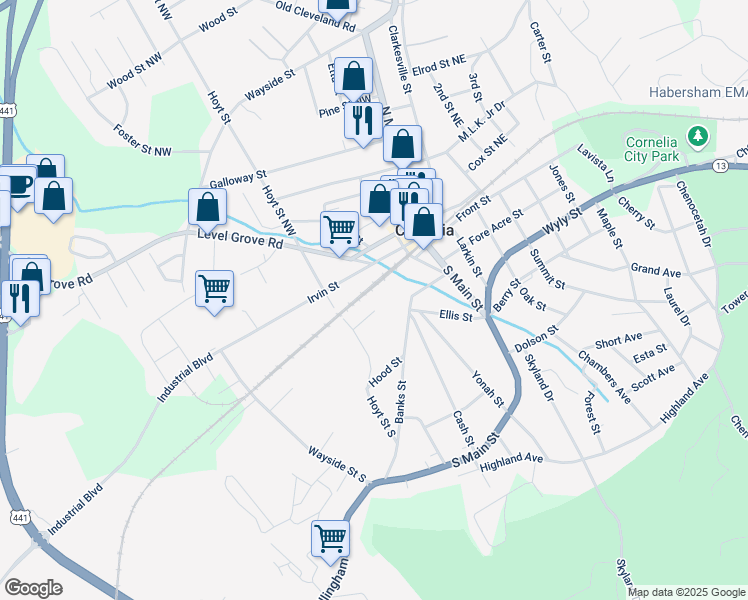 map of restaurants, bars, coffee shops, grocery stores, and more near 175 Hillcrest Street in Cornelia