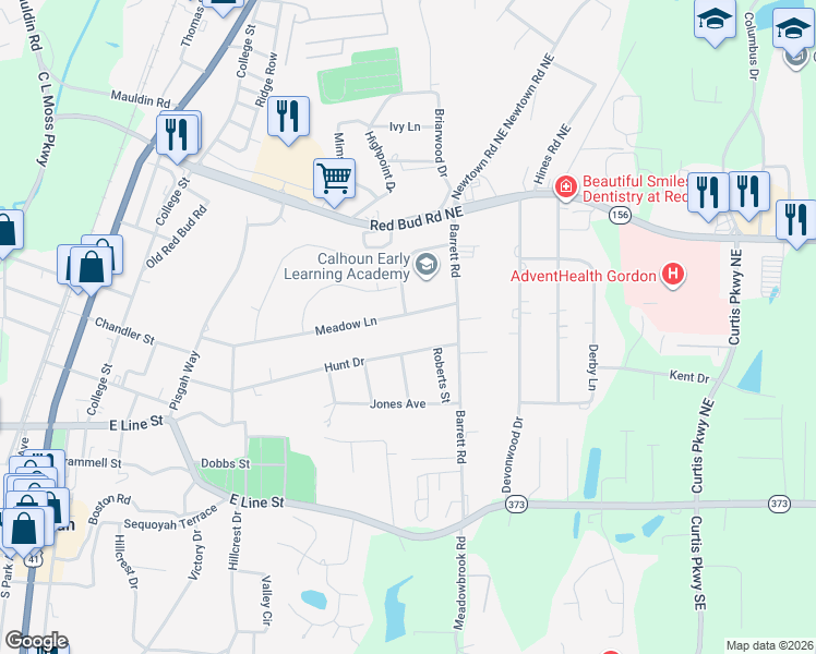 map of restaurants, bars, coffee shops, grocery stores, and more near 133 Meadow Lane in Calhoun
