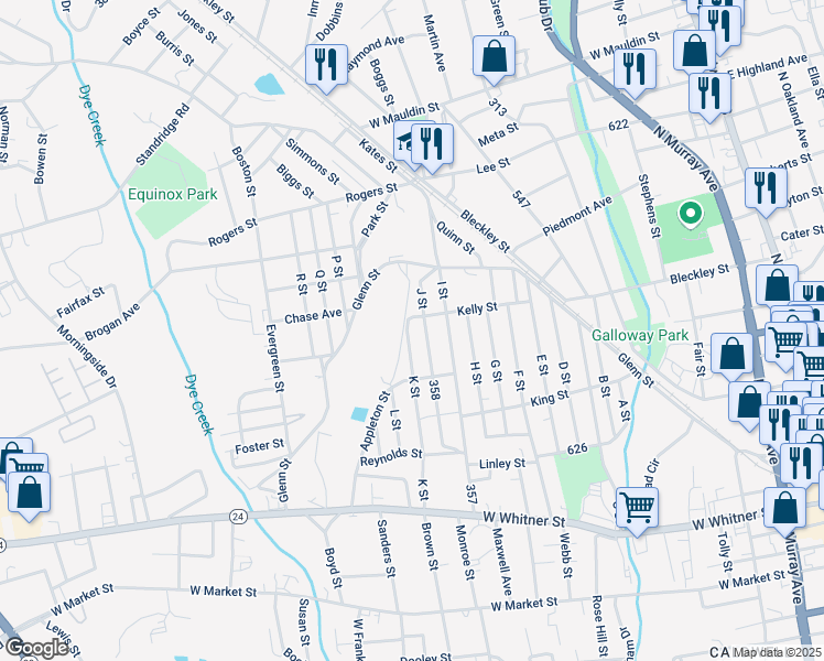 map of restaurants, bars, coffee shops, grocery stores, and more near 314 K Street in Anderson