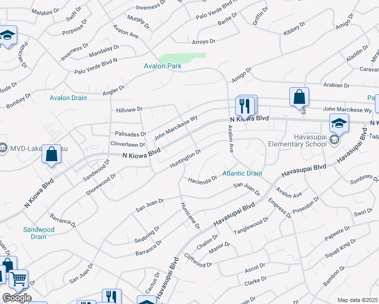 map of restaurants, bars, coffee shops, grocery stores, and more near 2525 Huntington Drive in Lake Havasu City