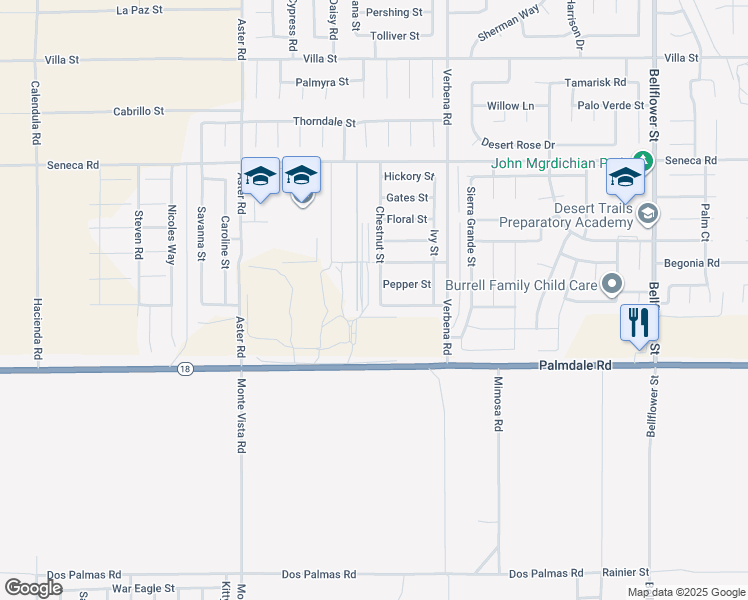 map of restaurants, bars, coffee shops, grocery stores, and more near 14230 Chestnut Street in Adelanto