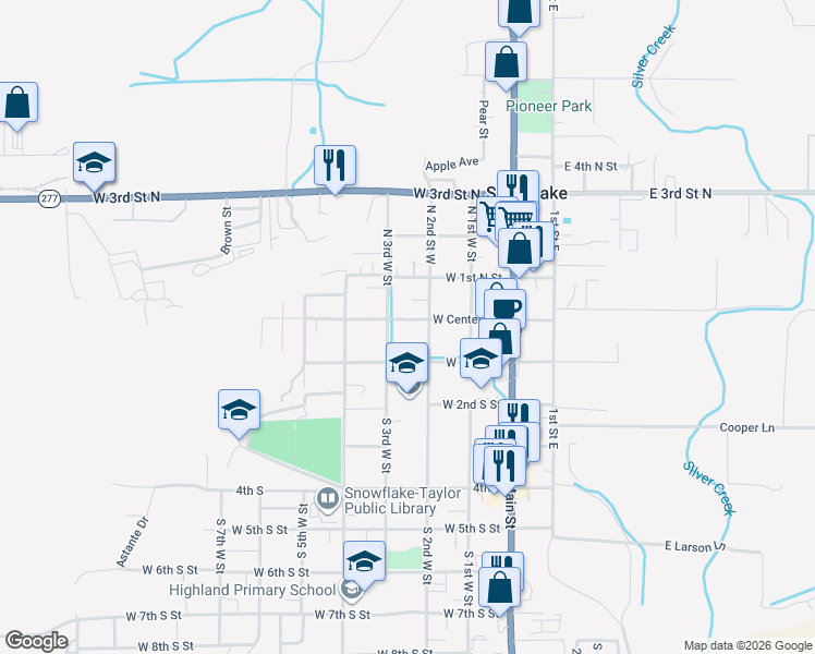 map of restaurants, bars, coffee shops, grocery stores, and more near 217 West Center Street in Snowflake