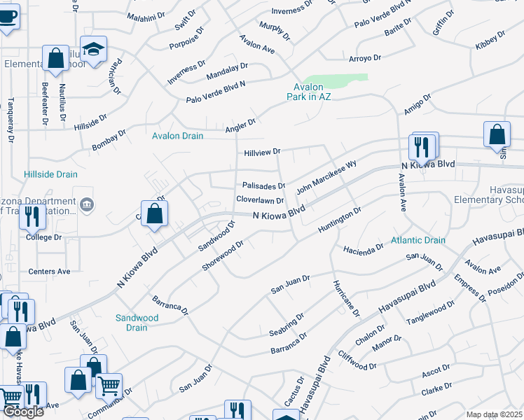 map of restaurants, bars, coffee shops, grocery stores, and more near 2341 North Kiowa Boulevard in Lake Havasu City