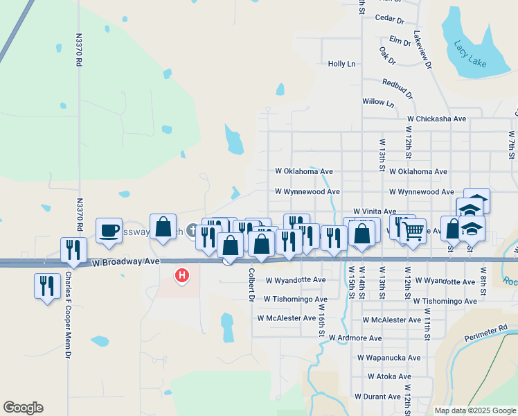 map of restaurants, bars, coffee shops, grocery stores, and more near 1810 West Vinita Avenue in Sulphur