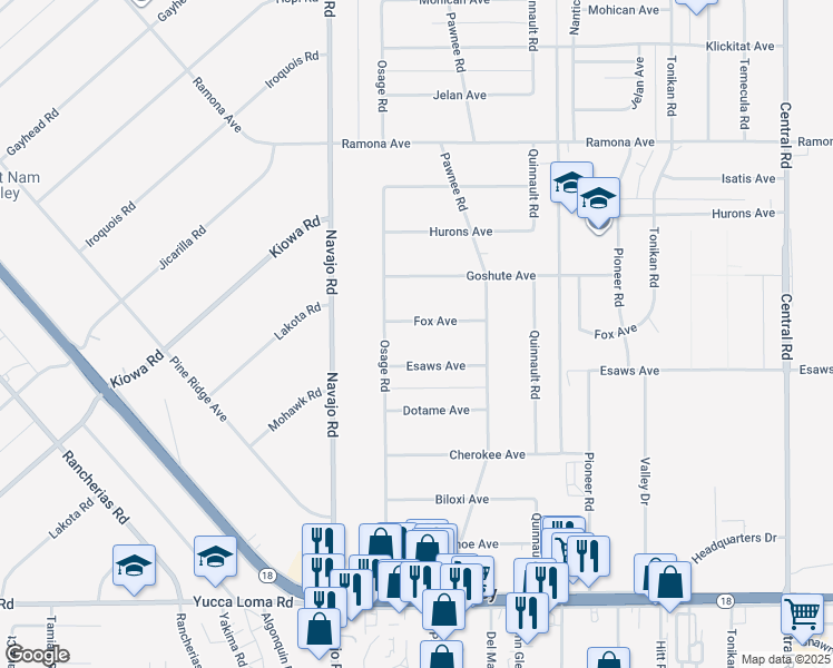 map of restaurants, bars, coffee shops, grocery stores, and more near 21845 Fox Avenue in Apple Valley
