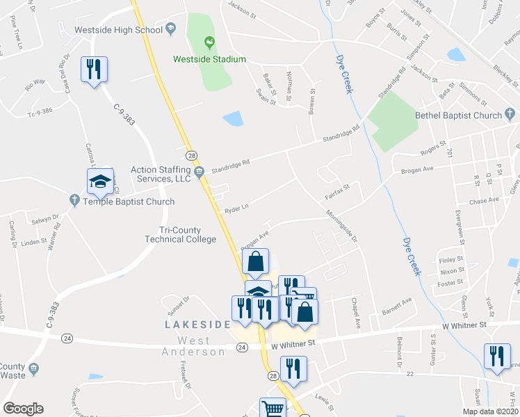 map of restaurants, bars, coffee shops, grocery stores, and more near 110 Ryder Lane in Anderson