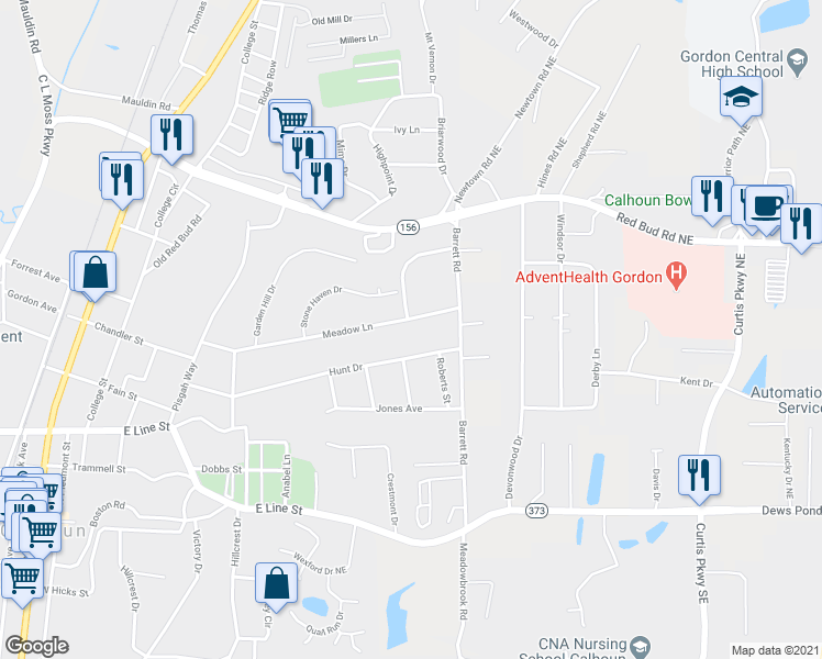 map of restaurants, bars, coffee shops, grocery stores, and more near 133 Meadow Lane in Calhoun