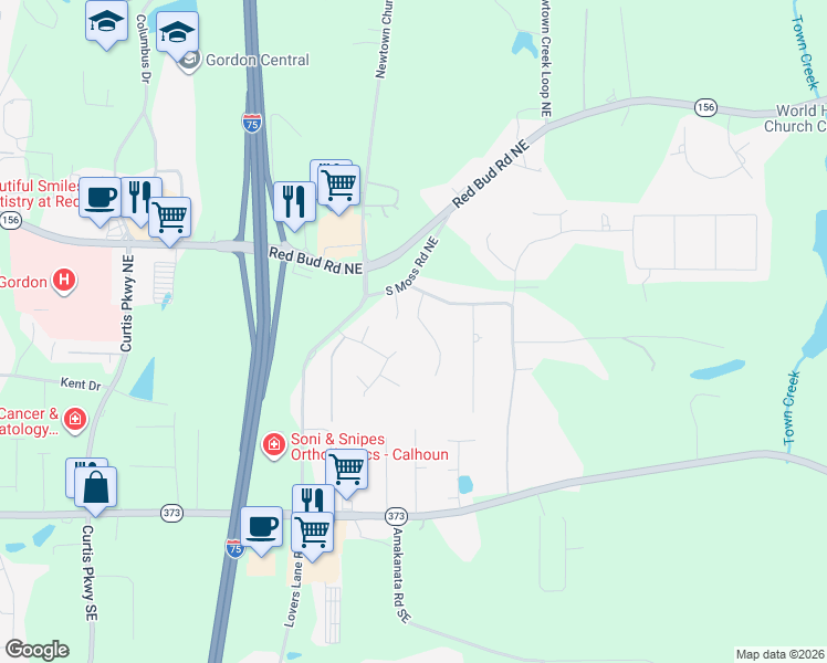 map of restaurants, bars, coffee shops, grocery stores, and more near 110 Vogel Street in Calhoun