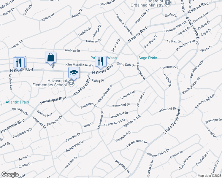 map of restaurants, bars, coffee shops, grocery stores, and more near 3020 Winterhaven Drive in Lake Havasu City