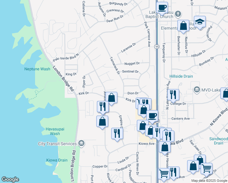 map of restaurants, bars, coffee shops, grocery stores, and more near 1758 Lear Bay in Lake Havasu City
