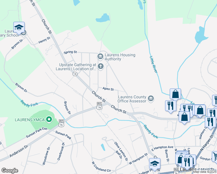 map of restaurants, bars, coffee shops, grocery stores, and more near 108 Apex St in Laurens