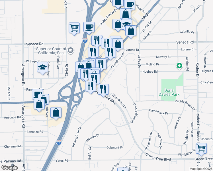 map of restaurants, bars, coffee shops, grocery stores, and more near 14215 Canterbury Drive in Victorville
