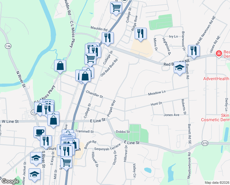 map of restaurants, bars, coffee shops, grocery stores, and more near 606 Pisgah Way in Calhoun