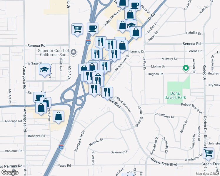 map of restaurants, bars, coffee shops, grocery stores, and more near 14215 Canterbury Drive in Victorville