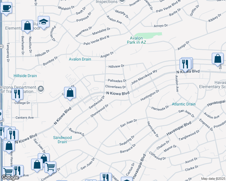map of restaurants, bars, coffee shops, grocery stores, and more near 2341 North Kiowa Boulevard in Lake Havasu City