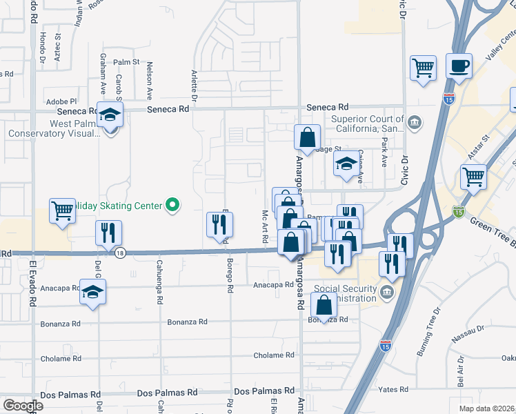 map of restaurants, bars, coffee shops, grocery stores, and more near 14201 Mcart Road in Victorville