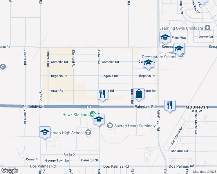 map of restaurants, bars, coffee shops, grocery stores, and more near 13360 Aster Road in Victorville