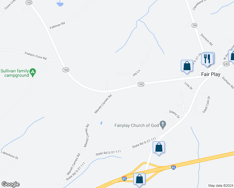 map of restaurants, bars, coffee shops, grocery stores, and more near 689-713 Highway 182 in Fair Play