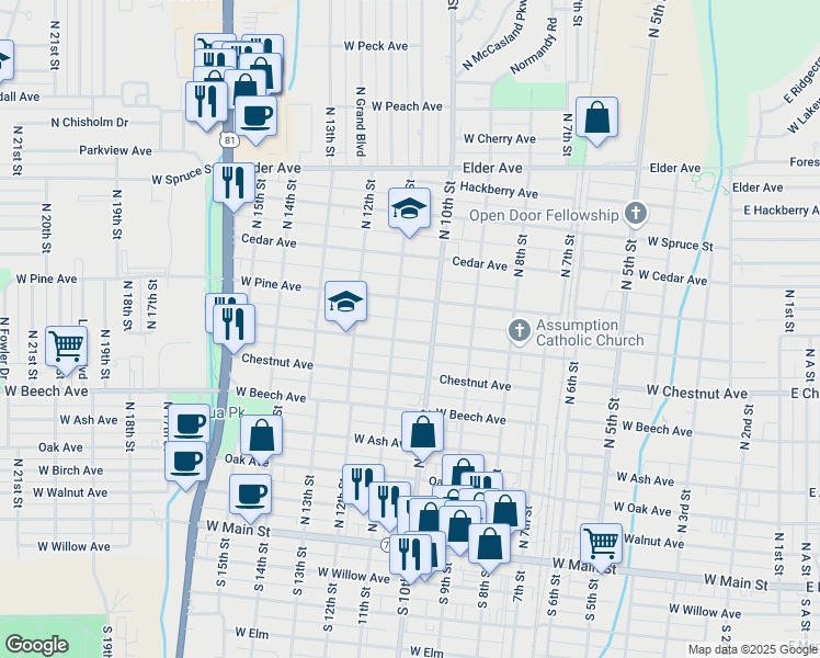 map of restaurants, bars, coffee shops, grocery stores, and more near 601 North 11th Street in Duncan