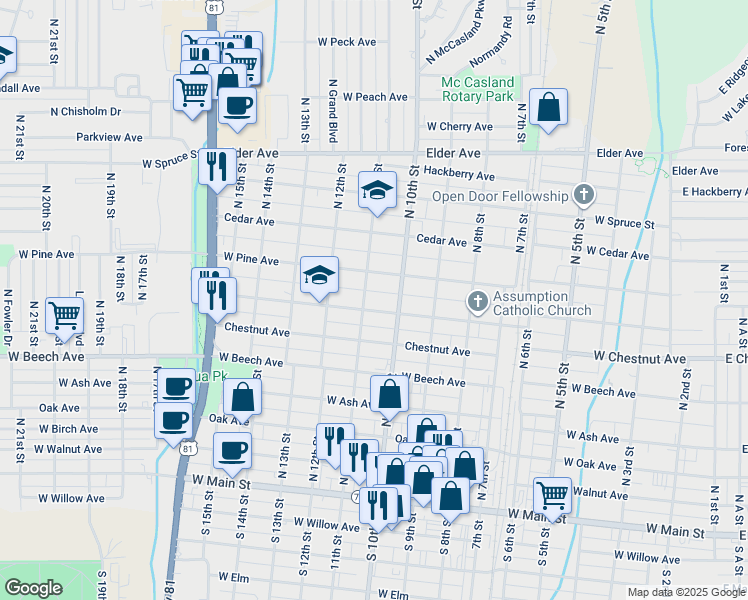 map of restaurants, bars, coffee shops, grocery stores, and more near 601 North 11th Street in Duncan