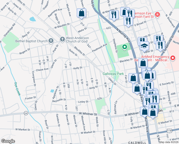 map of restaurants, bars, coffee shops, grocery stores, and more near 321 E Street in Anderson