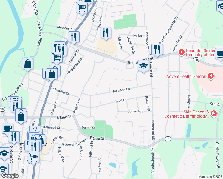 map of restaurants, bars, coffee shops, grocery stores, and more near 100 Stone Haven Drive in Calhoun