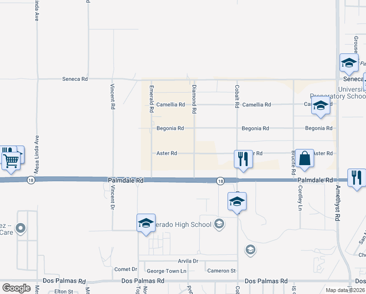 map of restaurants, bars, coffee shops, grocery stores, and more near 13084 Aster Road in Victorville