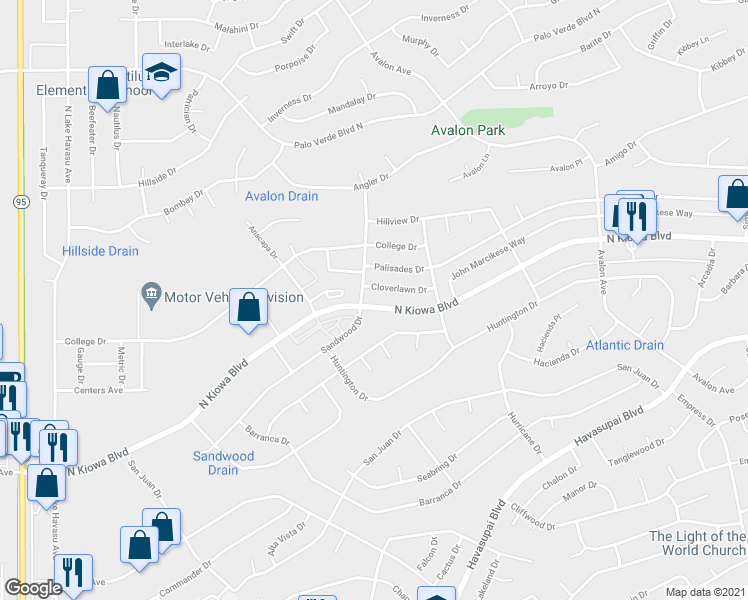 map of restaurants, bars, coffee shops, grocery stores, and more near 2301 North Kiowa Boulevard in Lake Havasu City