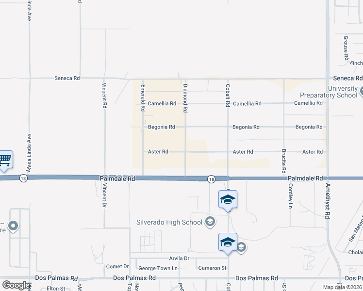 map of restaurants, bars, coffee shops, grocery stores, and more near 13084 Aster Road in Victorville