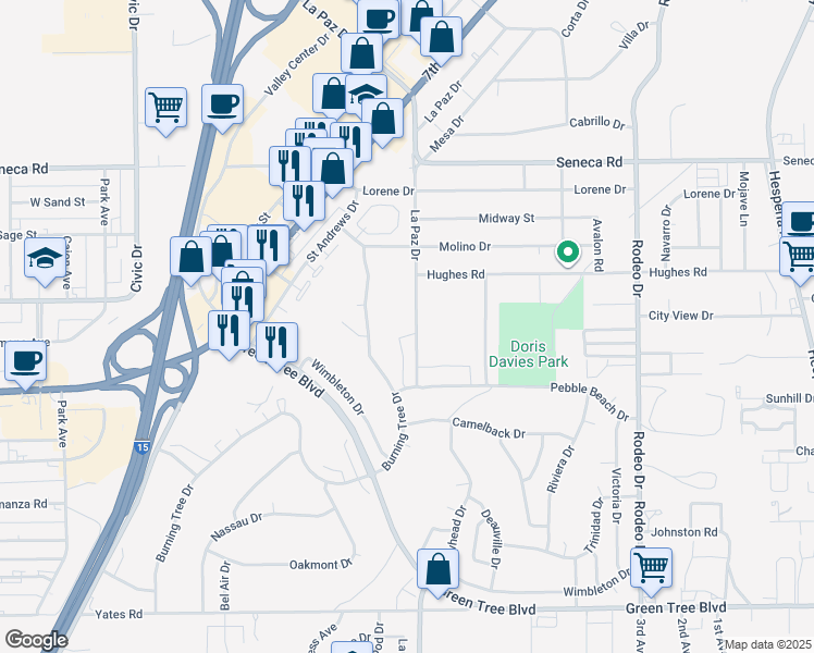 map of restaurants, bars, coffee shops, grocery stores, and more near 14208 La Paz Drive in Victorville