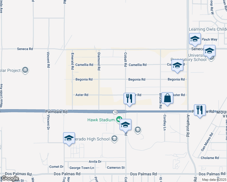 map of restaurants, bars, coffee shops, grocery stores, and more near 13222 Aster Road in Victorville