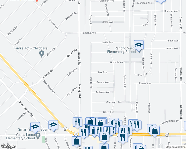 map of restaurants, bars, coffee shops, grocery stores, and more near 14161 Osage Road in Apple Valley