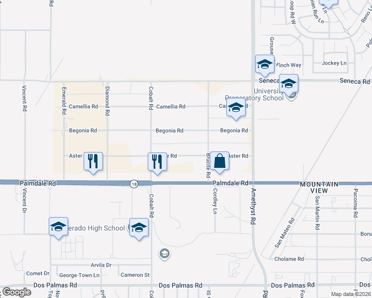 map of restaurants, bars, coffee shops, grocery stores, and more near 13440 Aster Road in Victorville