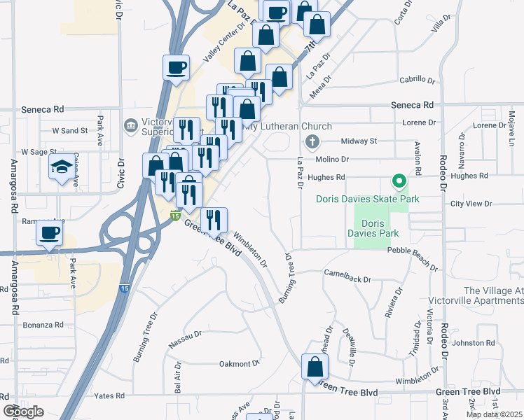 map of restaurants, bars, coffee shops, grocery stores, and more near 14199 Indian Creek Place in Victorville