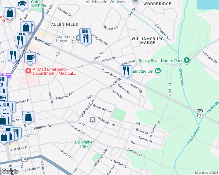 map of restaurants, bars, coffee shops, grocery stores, and more near 187 North Street in Anderson
