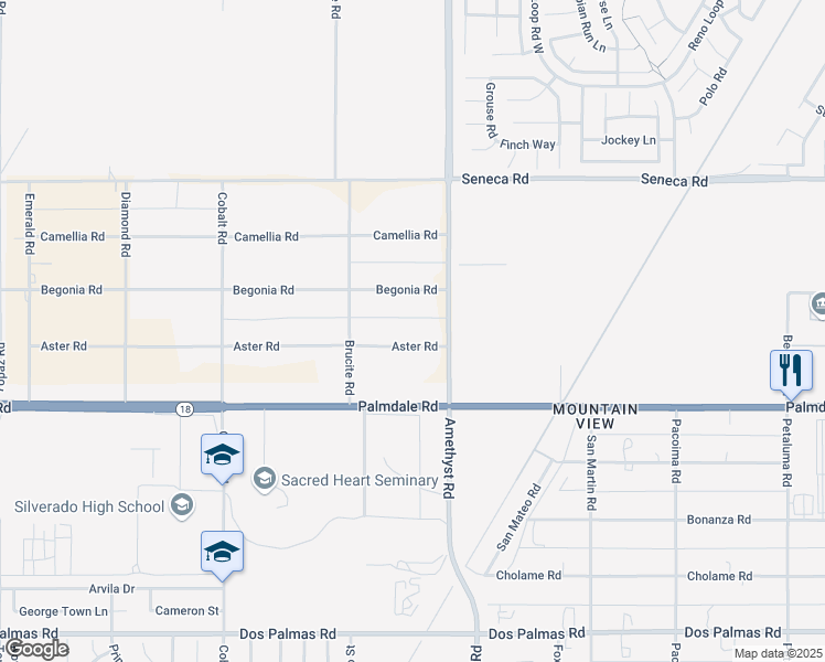 map of restaurants, bars, coffee shops, grocery stores, and more near 13634 Aster Road in Victorville