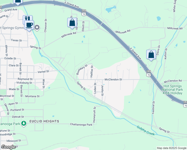 map of restaurants, bars, coffee shops, grocery stores, and more near 401 McClendon Street in Hot Springs