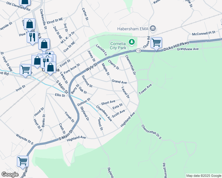 map of restaurants, bars, coffee shops, grocery stores, and more near 353 Maple Street in Cornelia