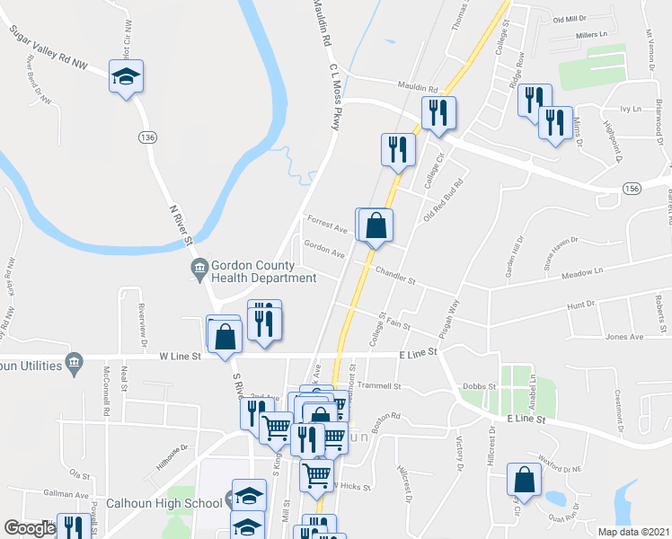 map of restaurants, bars, coffee shops, grocery stores, and more near 601 Harlan Street in Calhoun