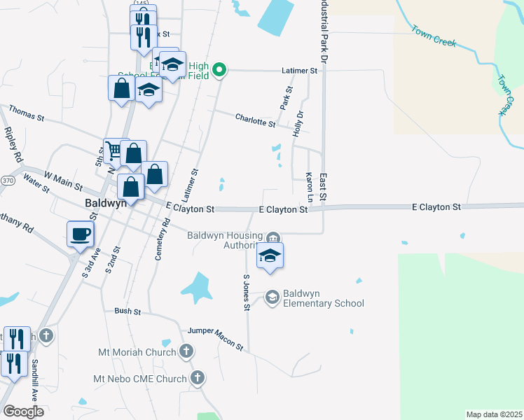 map of restaurants, bars, coffee shops, grocery stores, and more near 505 East Clayton Street in Baldwyn