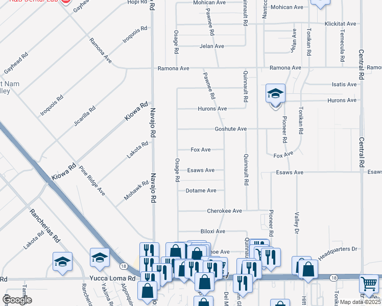map of restaurants, bars, coffee shops, grocery stores, and more near 21845 Fox Avenue in Apple Valley