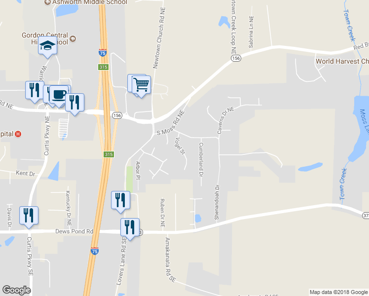 map of restaurants, bars, coffee shops, grocery stores, and more near 110 Vogel Street in Calhoun