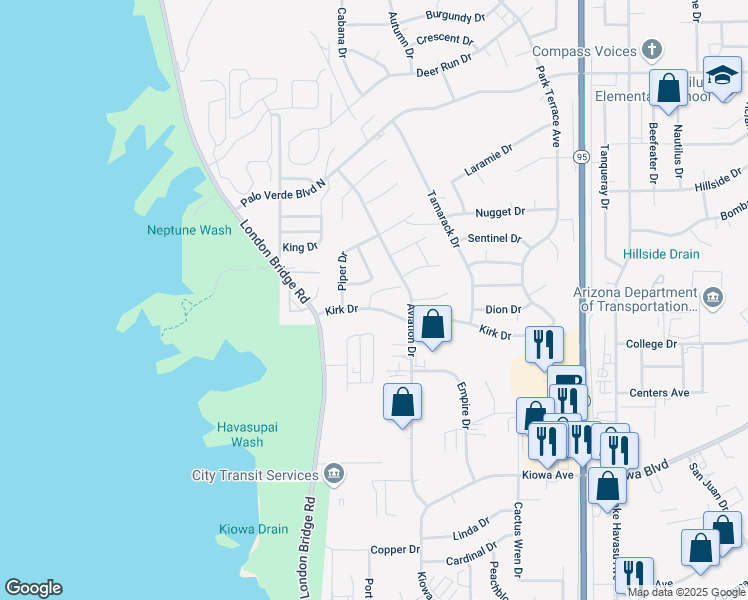 map of restaurants, bars, coffee shops, grocery stores, and more near 1639 Kirk Drive in Lake Havasu City
