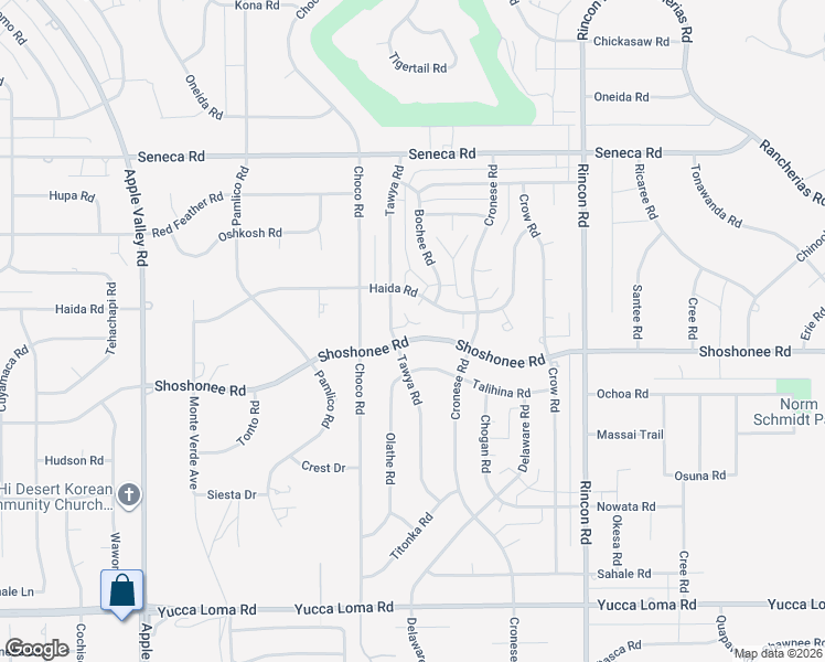 map of restaurants, bars, coffee shops, grocery stores, and more near 19764 Shoshonee Road in Apple Valley