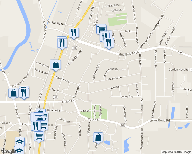 map of restaurants, bars, coffee shops, grocery stores, and more near 105 Garden Hill Drive in Calhoun
